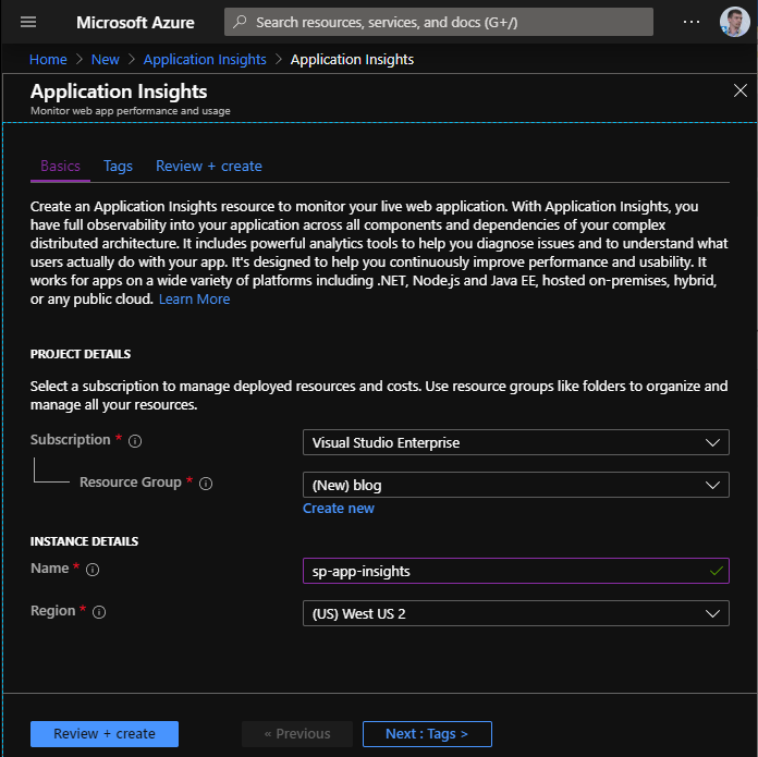 Create new Application Insights resource